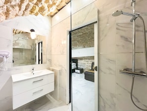 Shower, hair dryer, towels