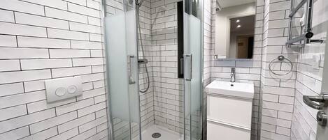 Shower, hair dryer, towels