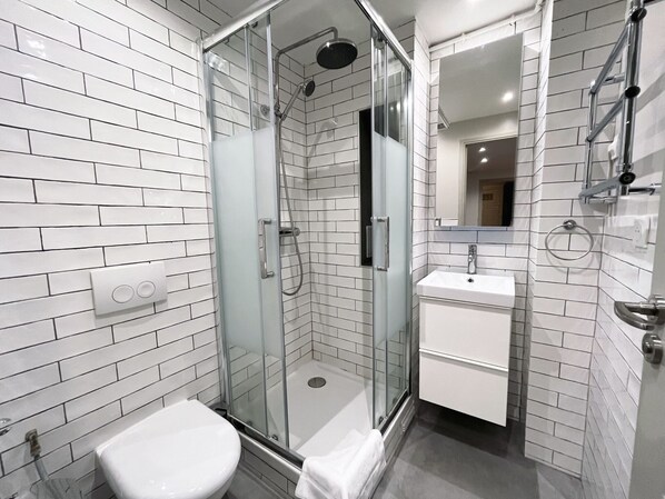 Shower, hair dryer, towels