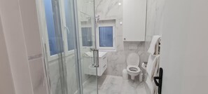 Shower, hair dryer, towels