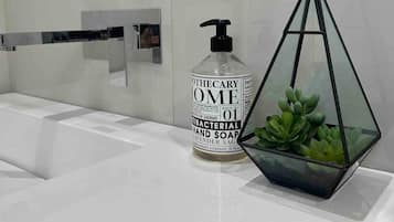 Chuveiro, secador de cabelo, toalhas de banho, sabonete