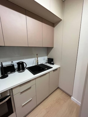 Deluxe Apartment | Private kitchen | Fridge, microwave, oven, stovetop
