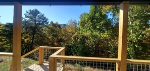 A wooden deck with a metal railing overlooking a forested area.