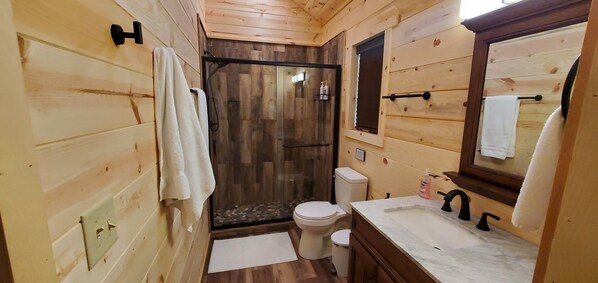 Shower, hair dryer, towels, soap