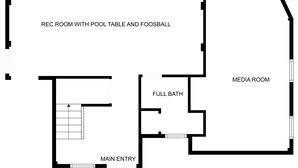 A floor plan with a main entry, a full bath, a media room, and a recreation room with a pool table and foosball.