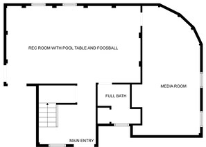 Plano de planta con entrada principal, baño completo, sala multimedia y sala de recreación con mesa de pool y futbolín.