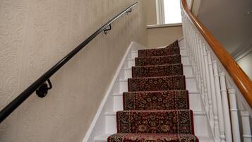 Eine Treppe mit aufwendiger, teppichbespannter Laufstufen und einem Geländer.