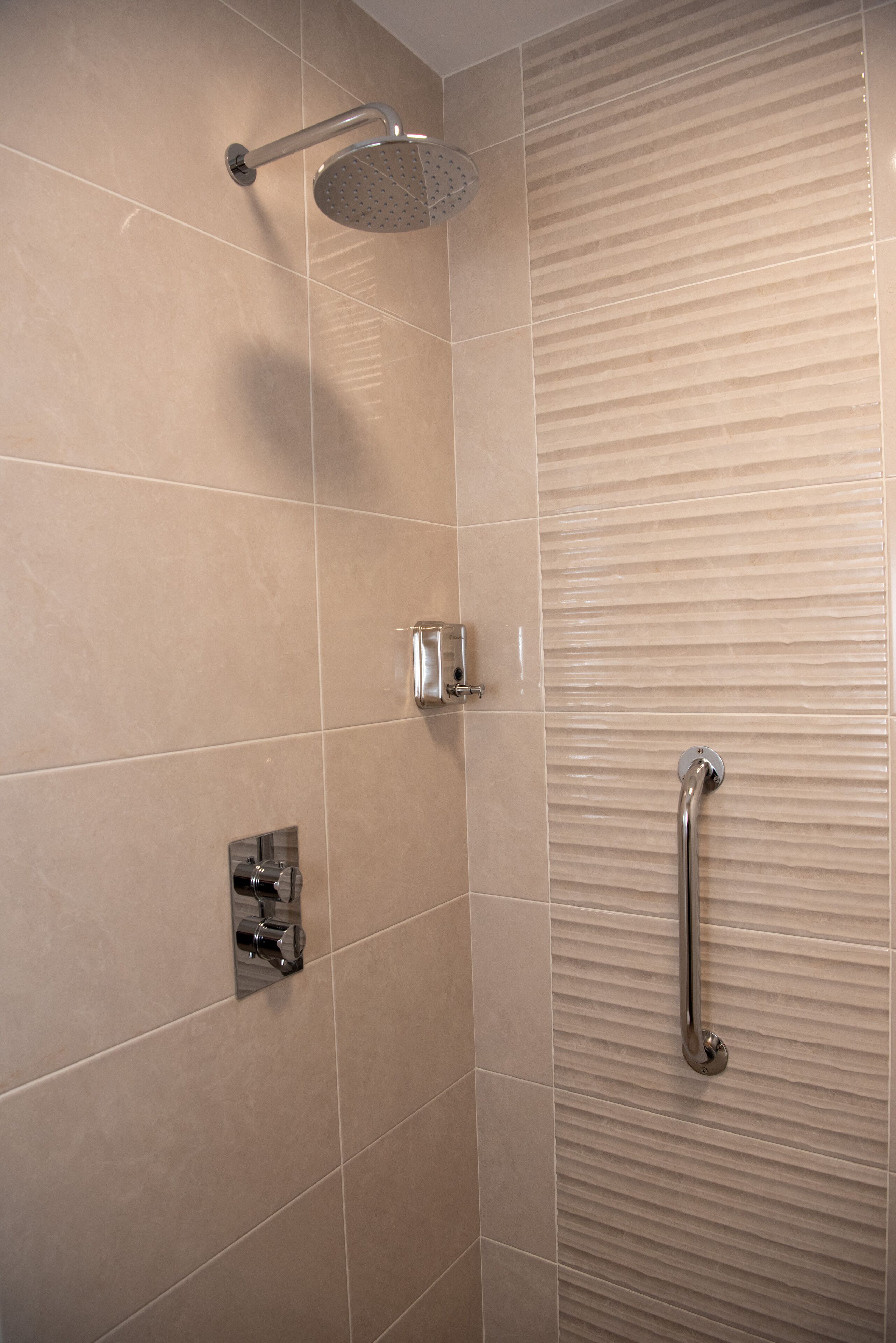 A shower area with a handheld showerhead, a handheld shower control, and a grab bar.