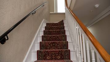 Una escalera con elegantes peldaños alfombrados y barandillas blancas.
