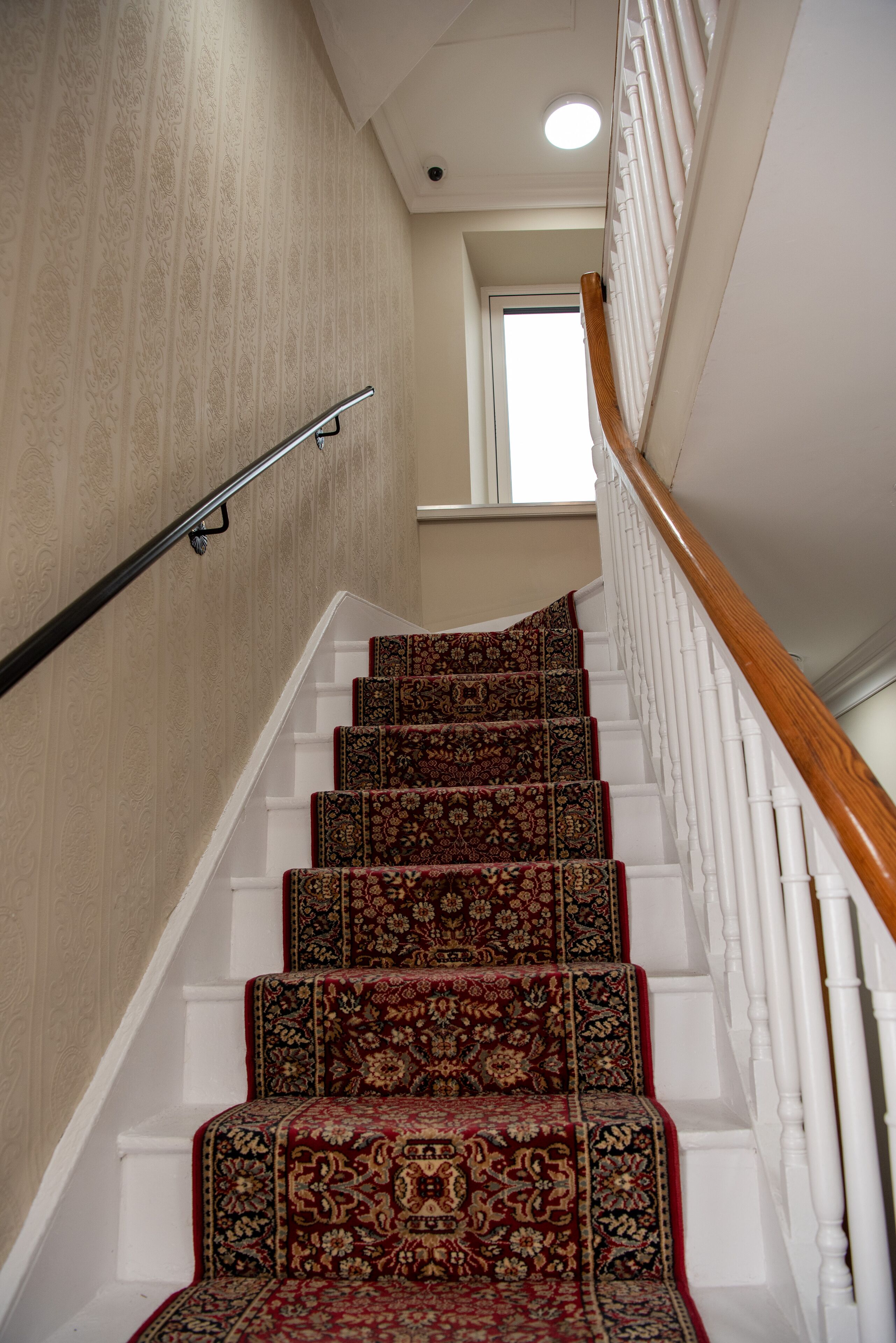 A staircase with a patterned carpet, white walls, and a wooden handrail.