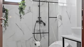 Shower, hair dryer, towels, soap
