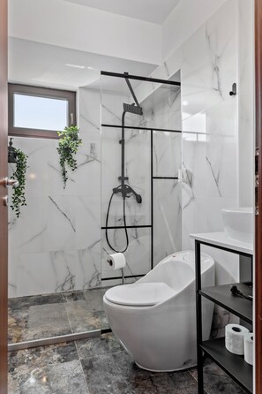 Dusche, Haartrockner, Handtücher, Seife