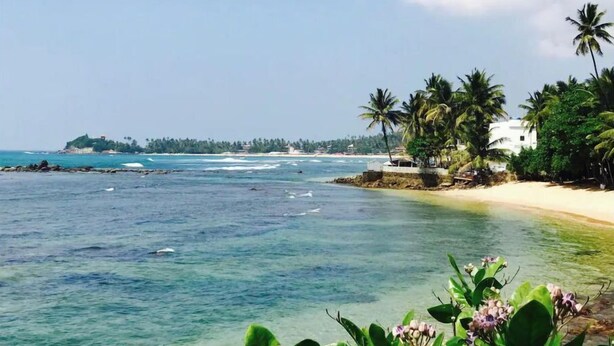 A beach with clear turquoise water, palm trees, and a white building with a balcony overlooking the sea. - LARA'S PLACE - THE APARTMENT (Unawatuna)