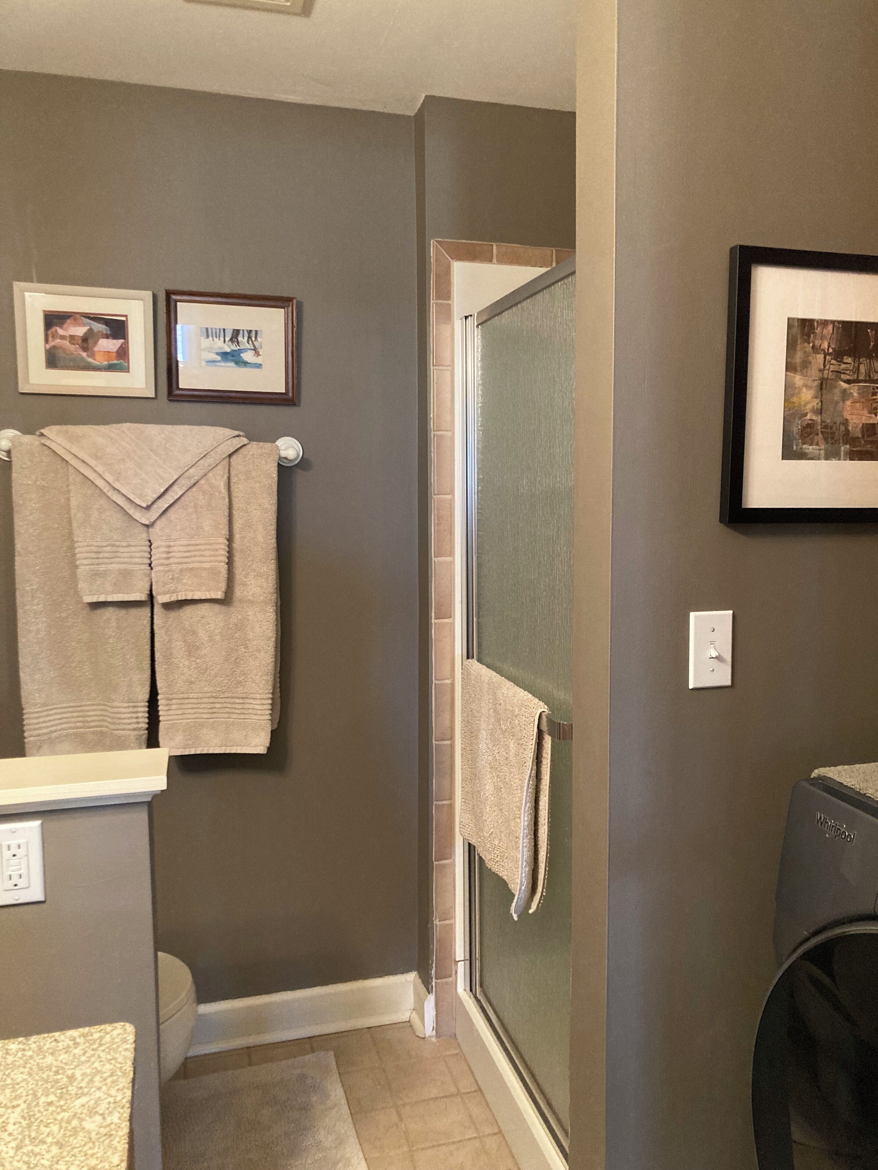 A bathroom with a shower, a towel rack with two towels, a framed picture, and a Whirlpool appliance.