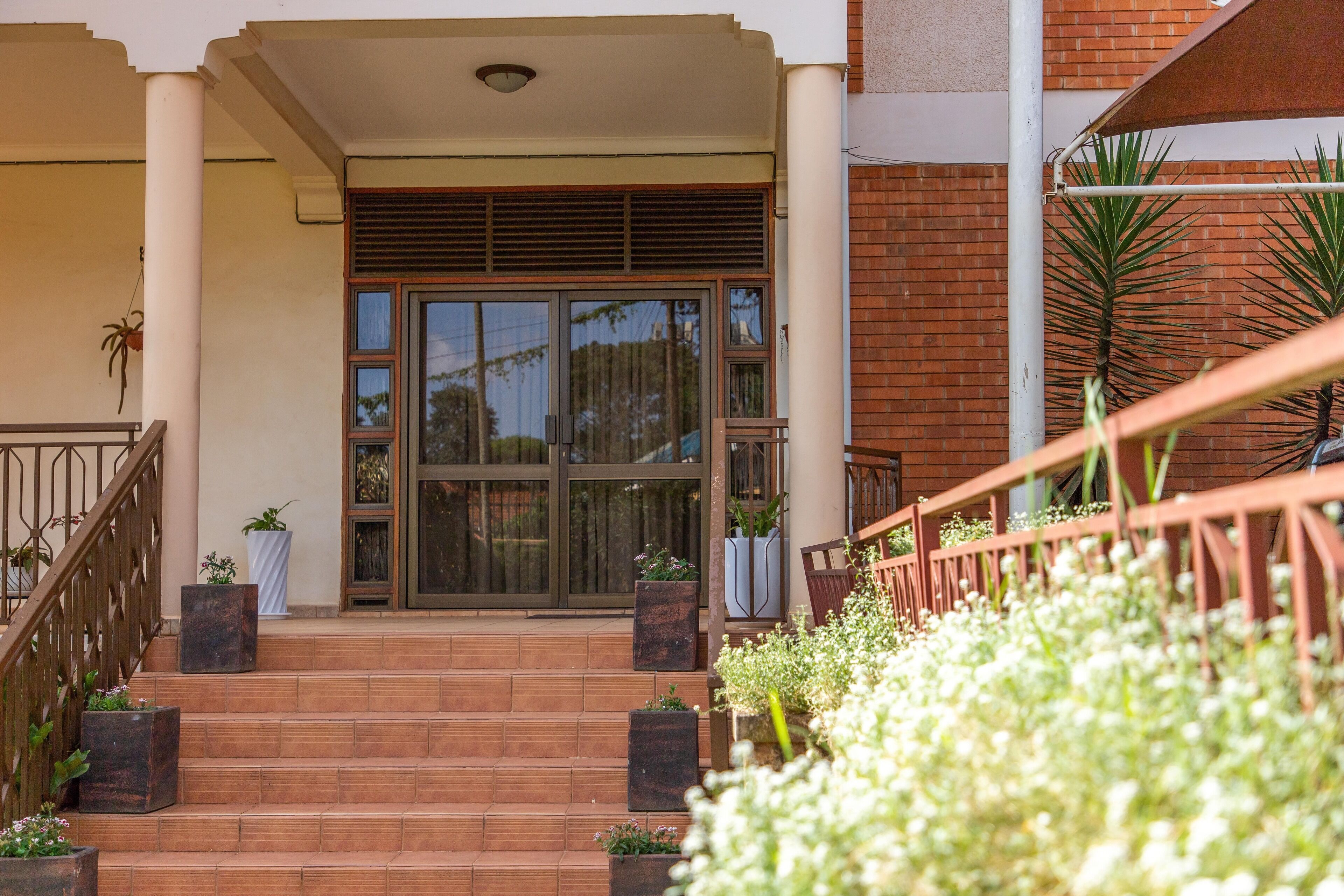 A building entrance with a set of wooden steps leading up to a glass door, flanked by potted plants and a metal railing.
