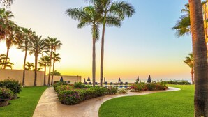 Un giardino curato con un vialetto curvo, palme e vista sull'oceano al tramonto.