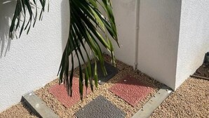 A white exterior wall with a door, a potted plant, and a shower area.