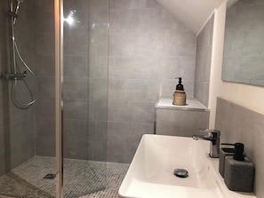 Shower, hair dryer, towels, soap