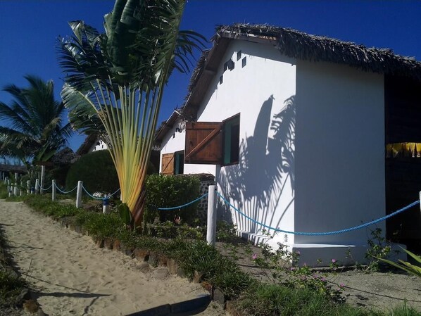 Un bâtiment situé au bord de la plage, doté d’un toit de chaume, entouré de palmiers et bordé d’un sentier sablonneux.