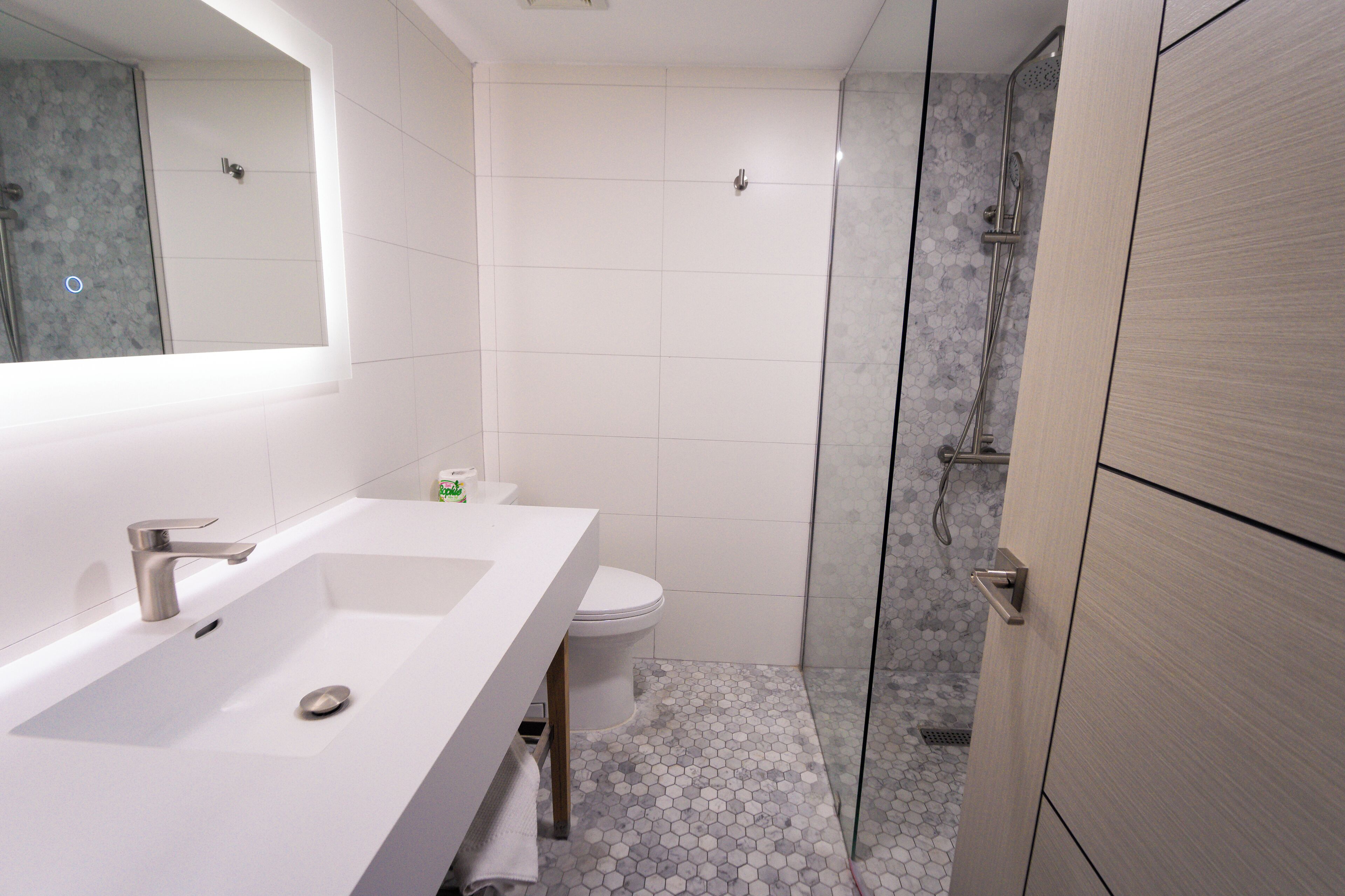 A modern bathroom with a dual sink vanity, a toilet, and a shower area.