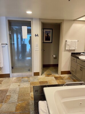 Jetted bath, hair dryer, towels, soap