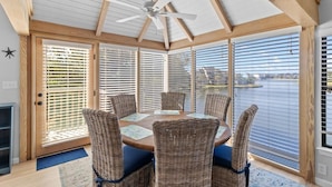 A room with a large table and six wicker chairs, large windows with blinds, a ceiling fan, and a view of a body of water.