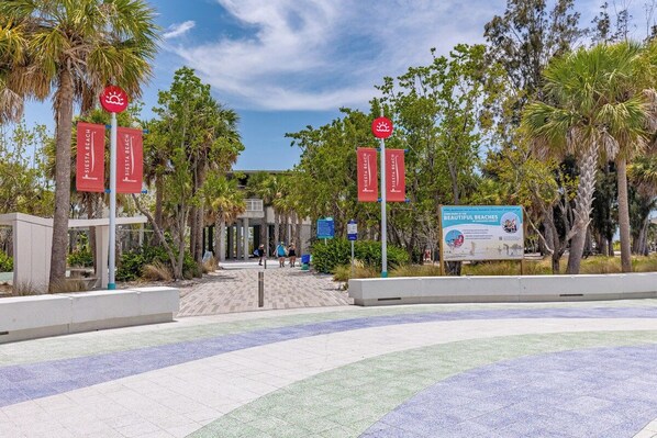 A pathway leading to a beach area with palm trees and a clear sky.
