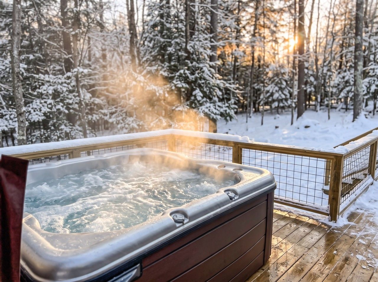 A hot tub on a wooden deck with a snowy forest background.