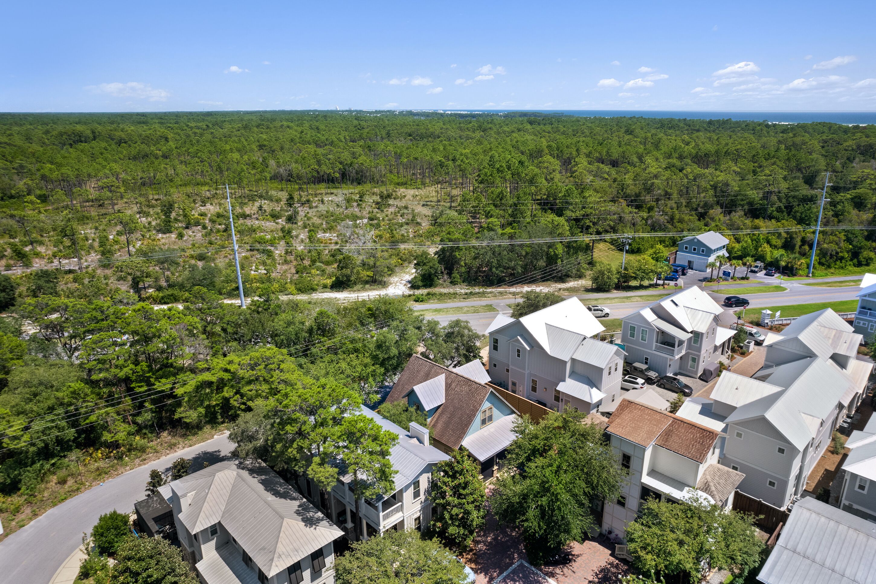 Un quartier résidentiel avec des maisons, une route et un paysage boisé en arrière-plan.