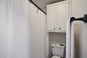 Efficient bathroom with a shower, toilet, and storage cabinet.