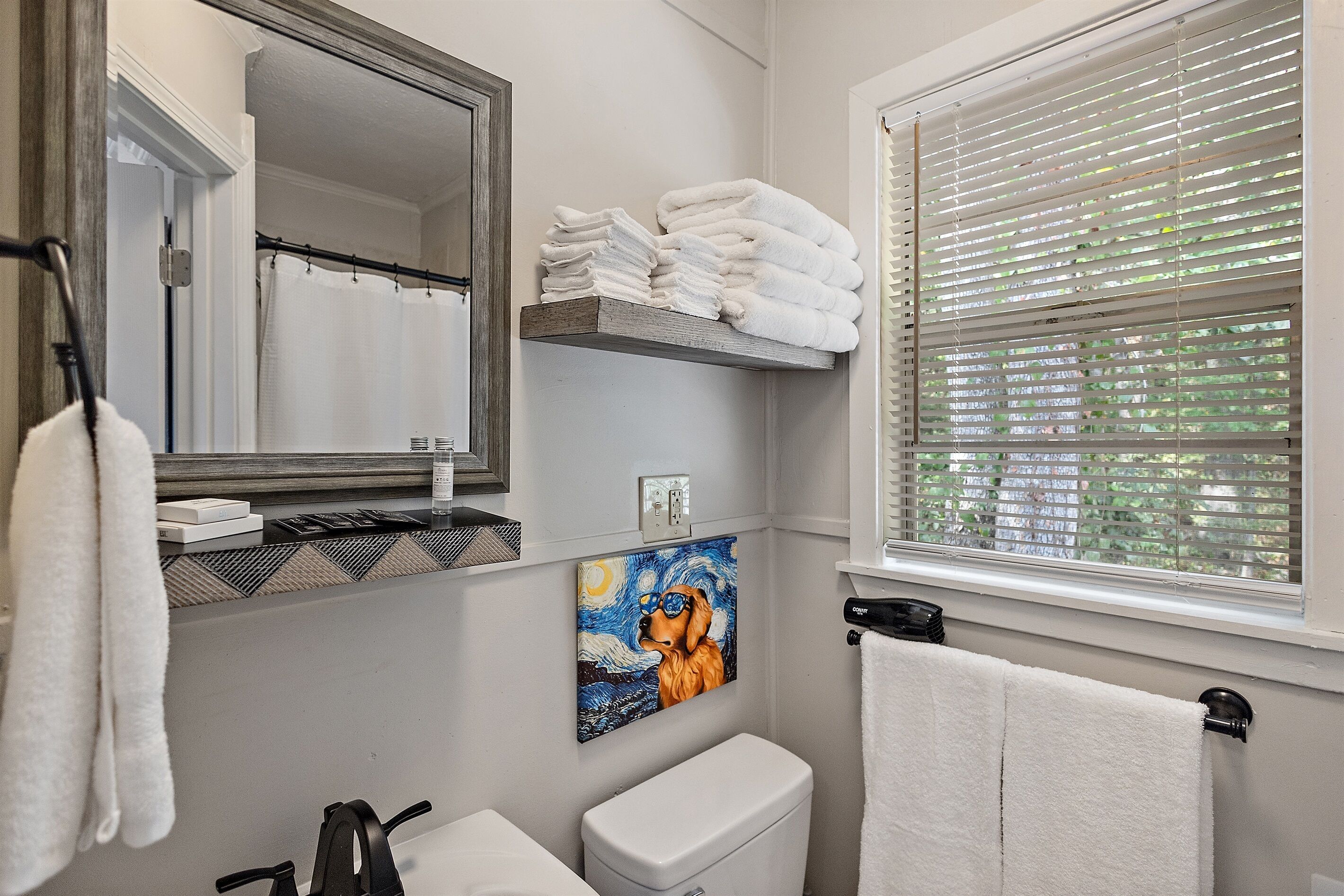 Shower, hair dryer, towels