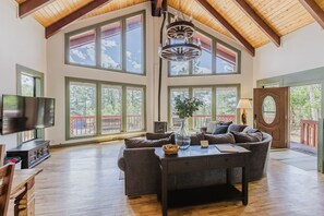 Smart TV, fireplace, books, offices