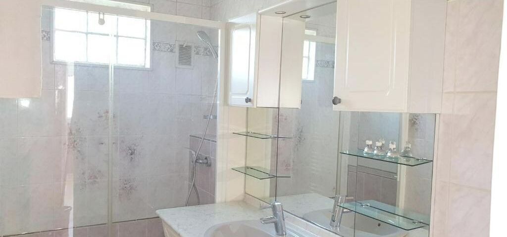Shower, towels, shampoo, toilet paper