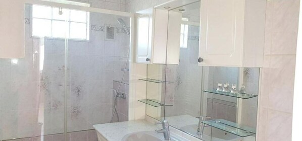 Dusche, Handtücher, Shampoo, Toilettenpapier