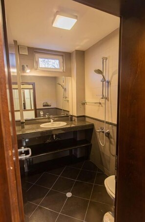 Hair dryer, towels, soap, toilet paper