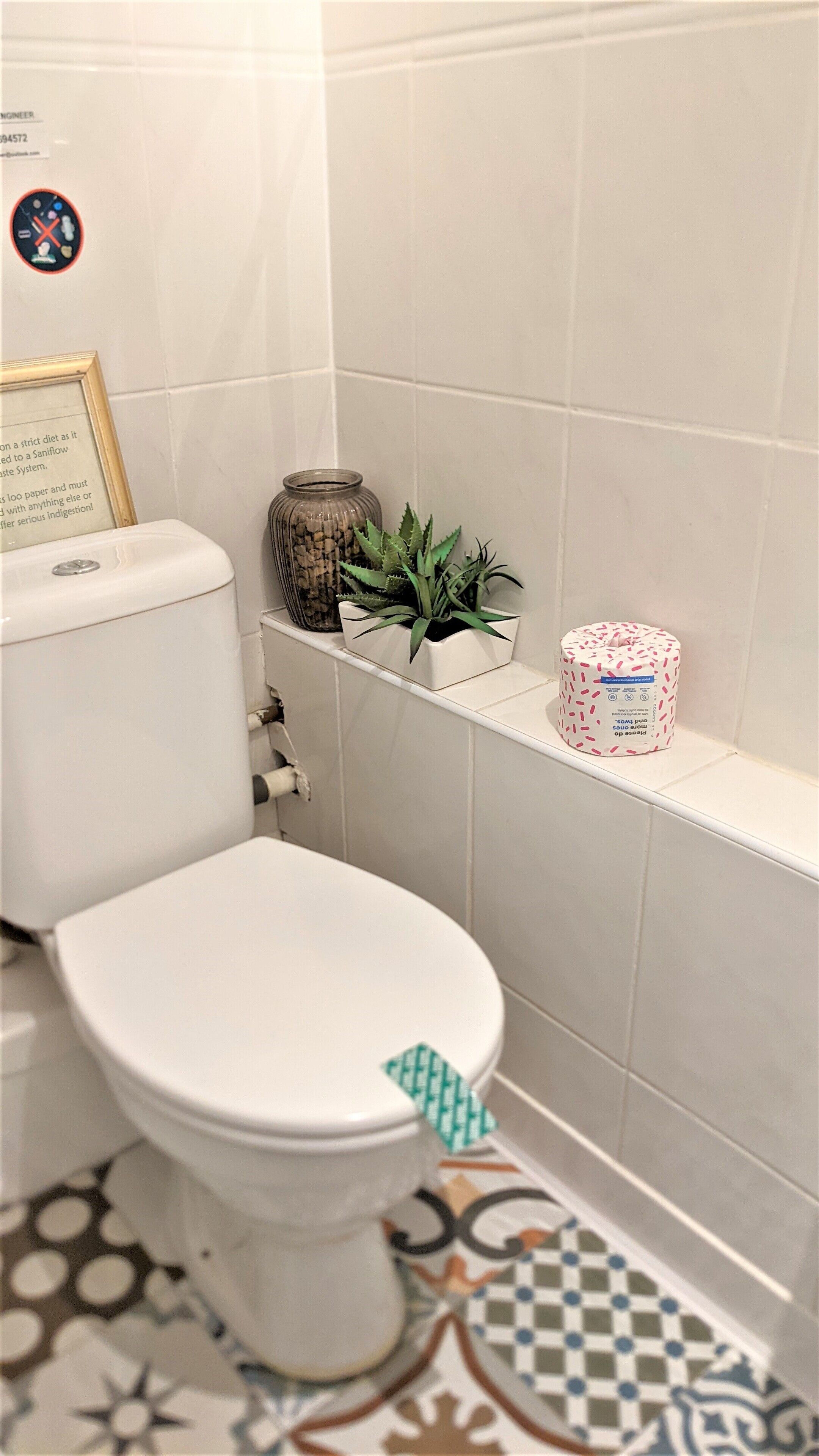 Une salle de bain avec des toilettes, une étagère ornée d’une plante et un porte-rouleau de papier toilette, ainsi qu’un sol à motifs.