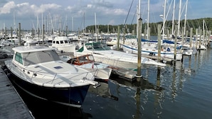 Ein Yachthafen mit mehreren Booten, die an hölzernen Stegen liegen.