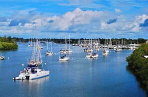 Surrounded by lush greenery, this marina offers a serene waterfront setting with boats docked along the water's edge.