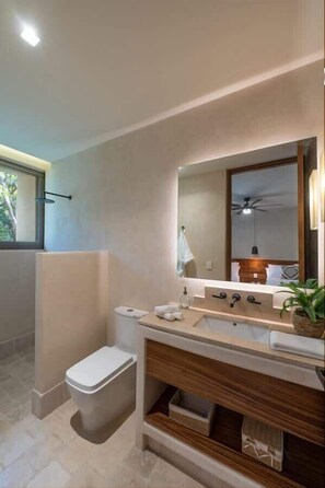 Shower, hair dryer, towels