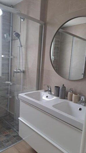 Hair dryer, bathrobes, towels, soap