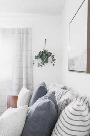 A modern living room with a sofa, pillows, a hanging plant, and a framed picture on the wall.