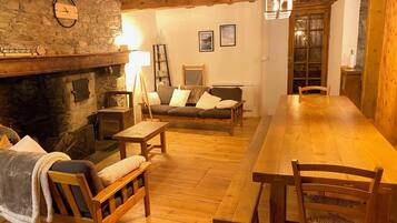 TV, fireplace, books