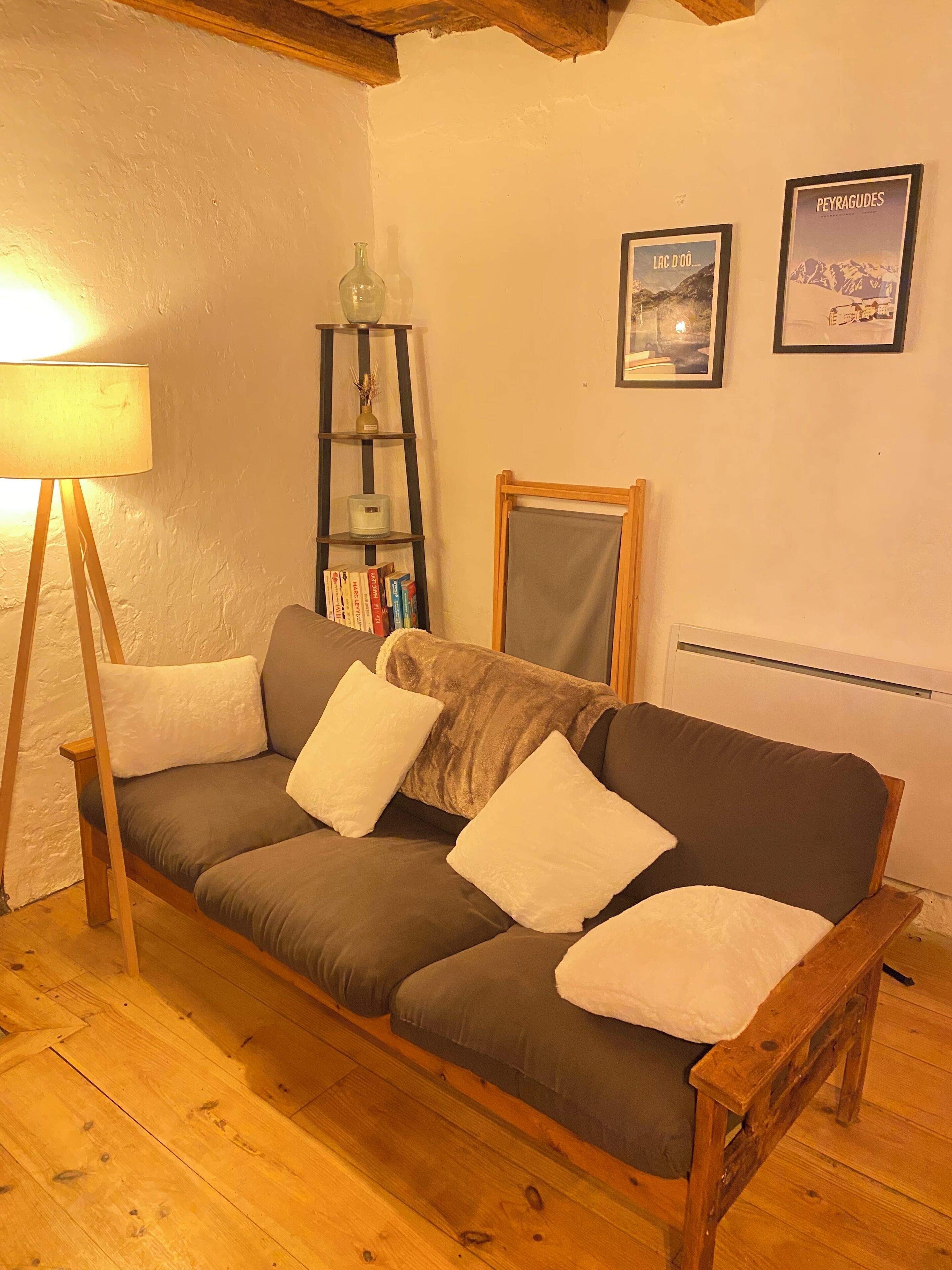 A cozy living room with a wooden sofa, a floor lamp, a bookshelf, and two framed posters on the wall.