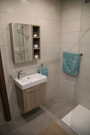 Dusche, Haartrockner, Handtücher, Seife