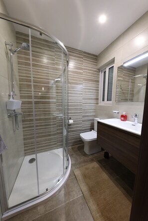 Chuveiro, secador de cabelo, toalhas de banho, sabonete