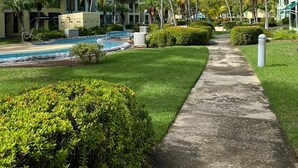 A resort with a pool, palm trees, and a pathway.