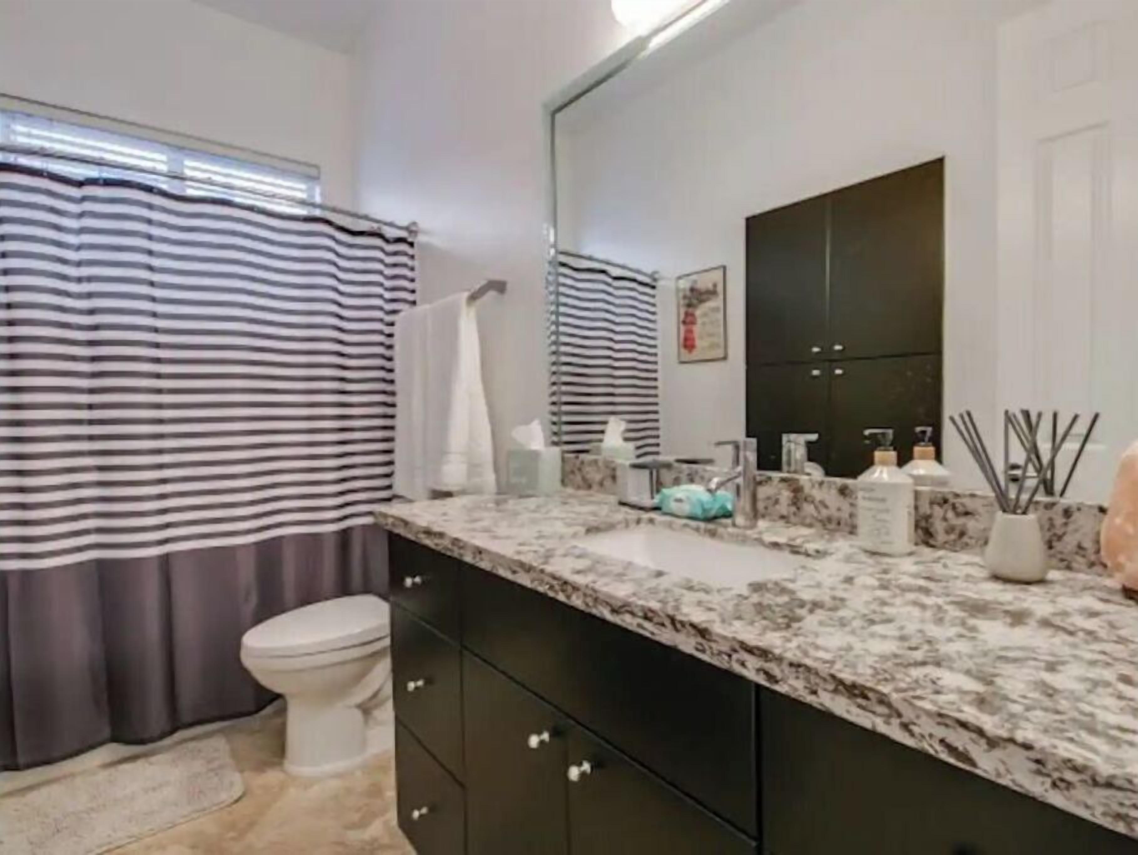 Hair dryer, towels, soap, shampoo