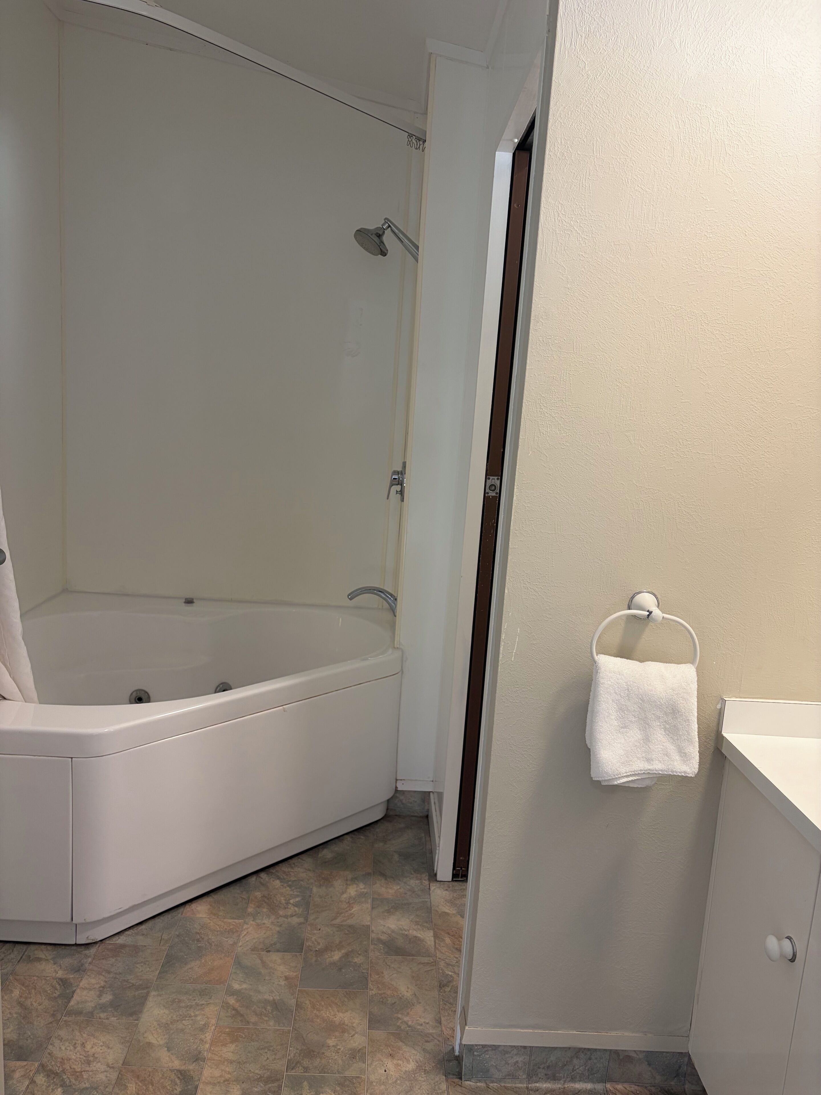 Une salle de bain avec une baignoire, une douche et des toilettes.