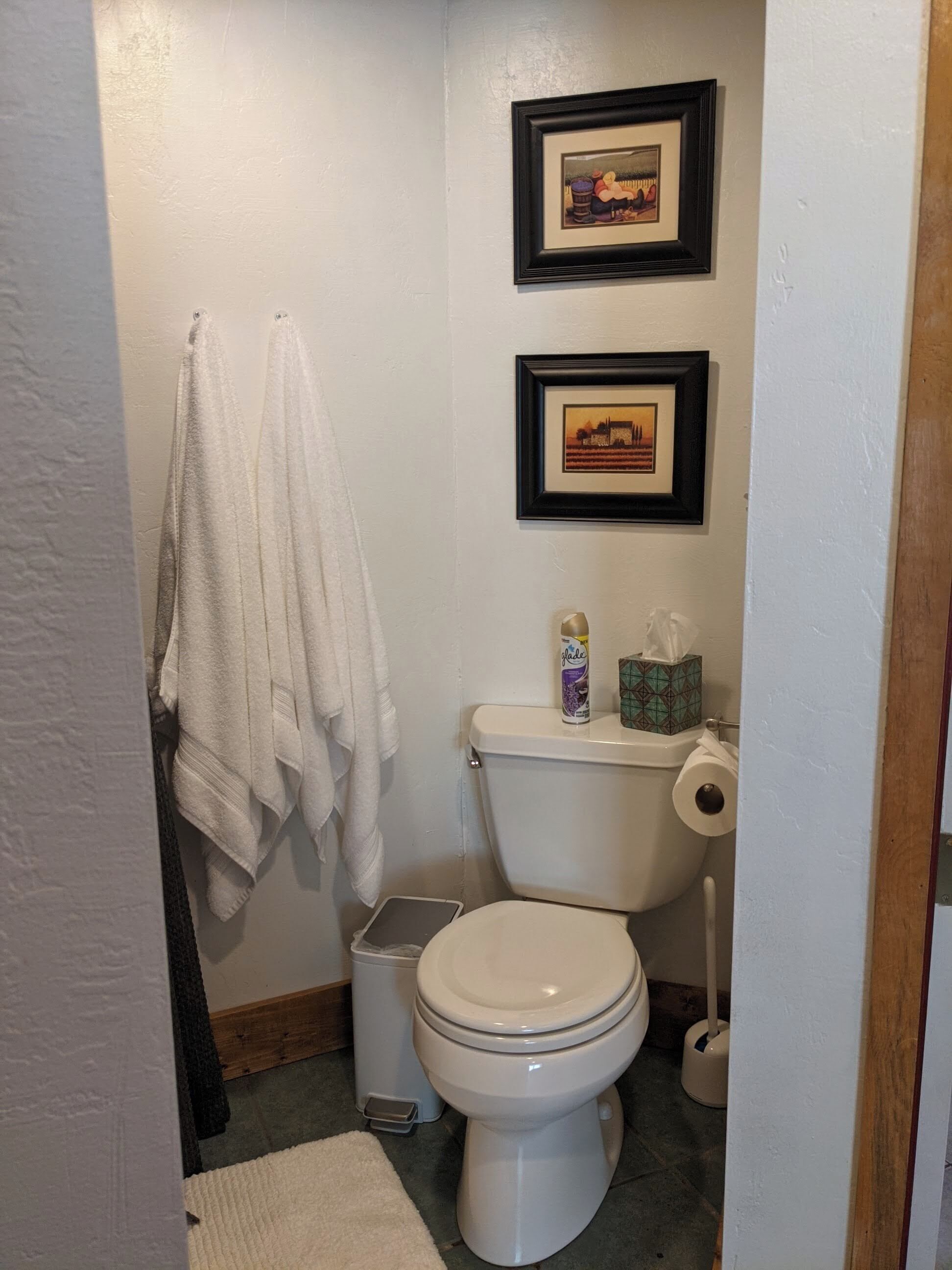 A small bathroom with a toilet, two framed pictures on the wall, and a towel rack with towels.