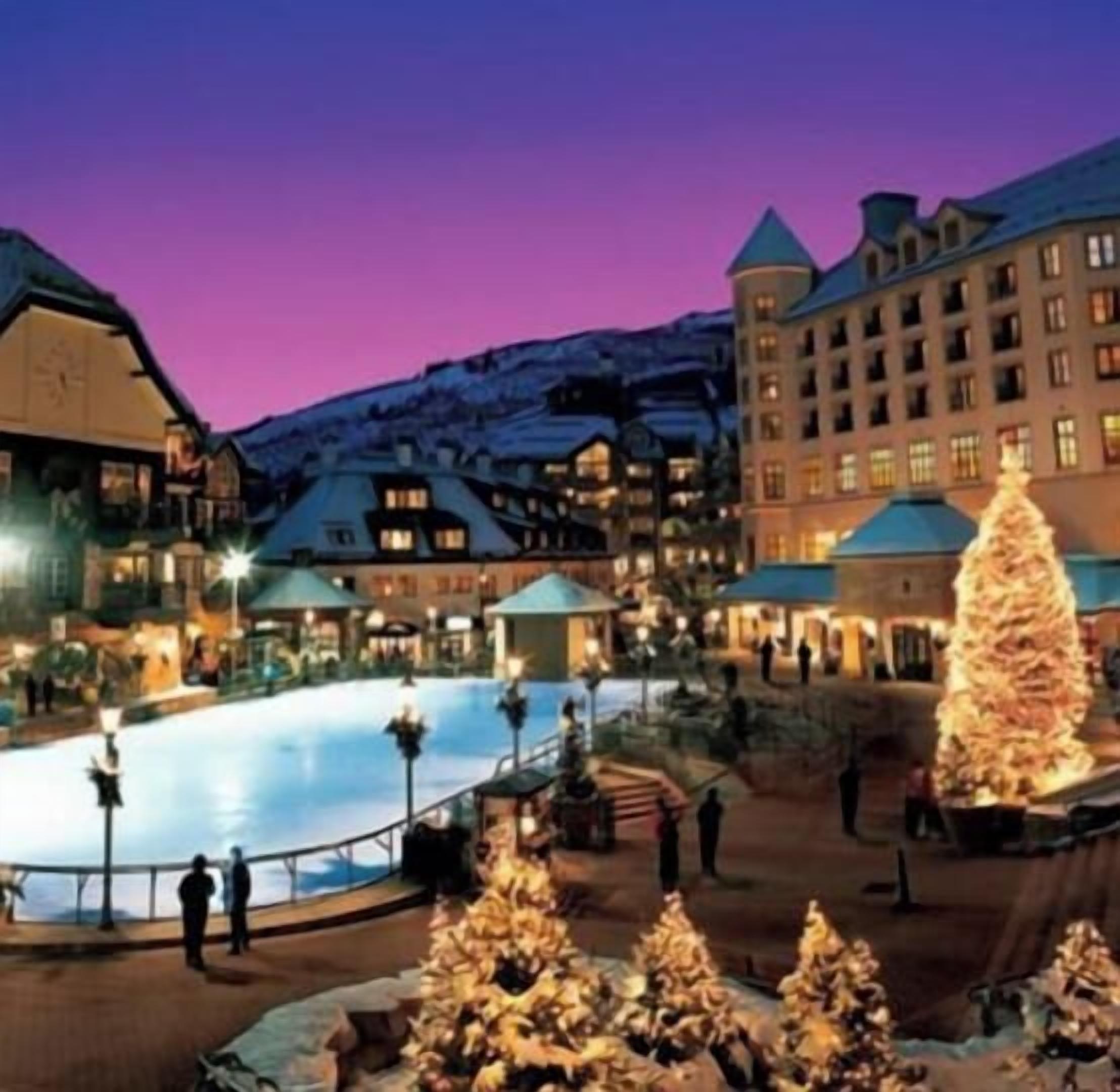 A hotel with a large pool, a Christmas tree, and snow-covered trees.